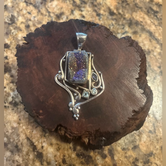 VINTAGE Sterling Silver 925 Iridescent Druzy Blue Topaz Faux Amethyst Pendant - Picture 7 of 15